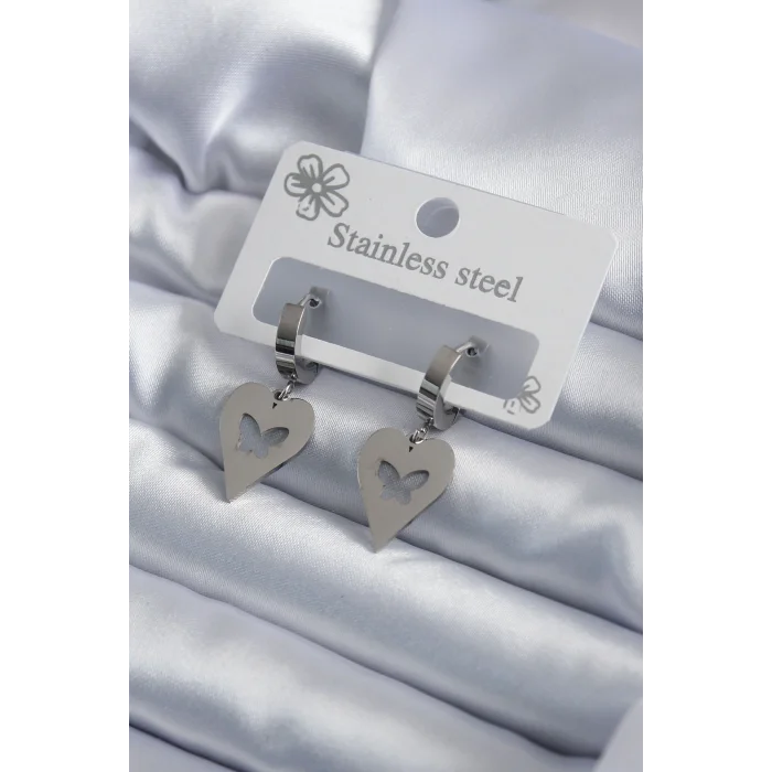 316L Çelik Gümüş Renk Kalp Model Kelebek İşleme Kadın Küpe