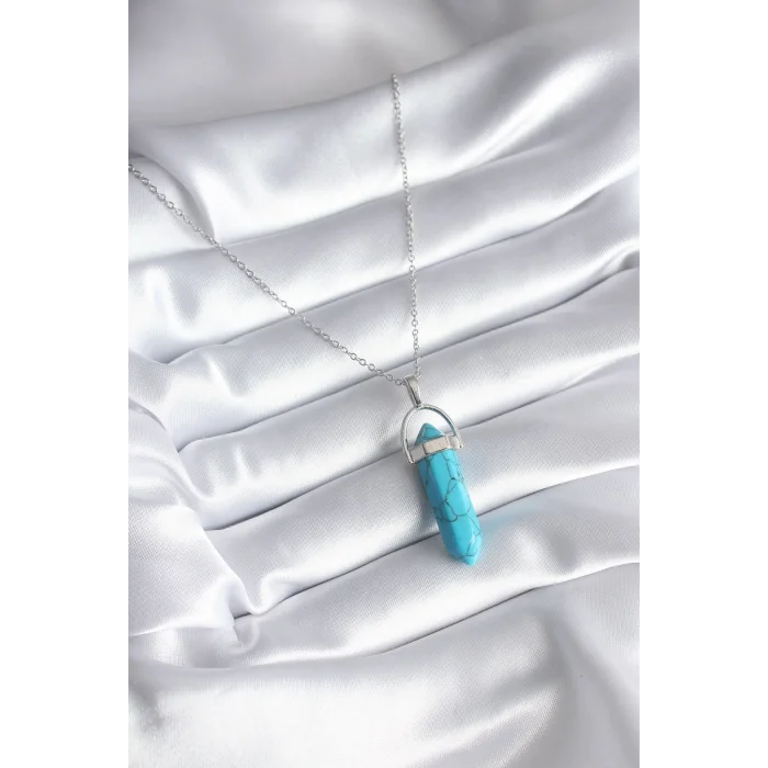 316L Çelik Gümüş Renk Mavi Taşlı Model Kadın Kolye