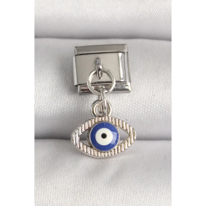316L Çelik Gümüş Renk Nazar Boncuk Detaylı Göz Model Nomination Charm