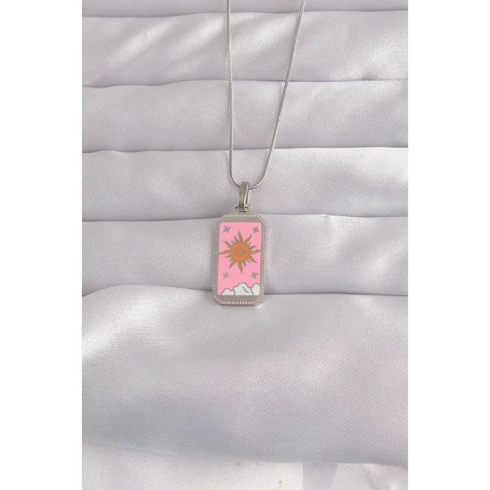 316L Çelik Gümüş Renk Pembe Mineli Güneş Model Tarot Kolye