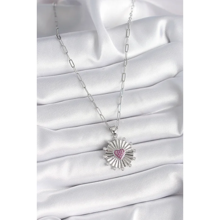 316L Çelik Gümüş Renk Pembe Zirkon Taşlı Kalp İşleme Madalyon Model Kadın Kolye