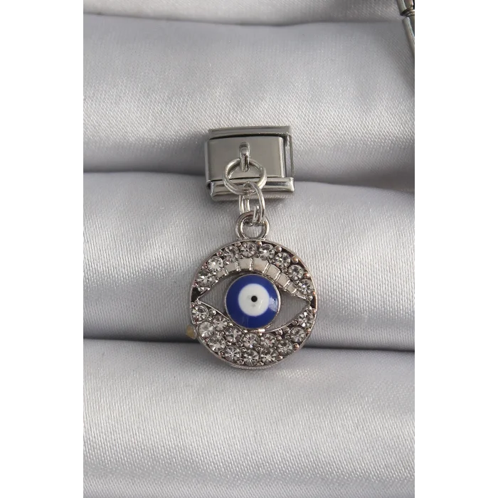 316L Çelik Gümüş Renk Sallantı Zirkon Taşlı Göz Model Nazar Boncuk Detay Nomination Charm