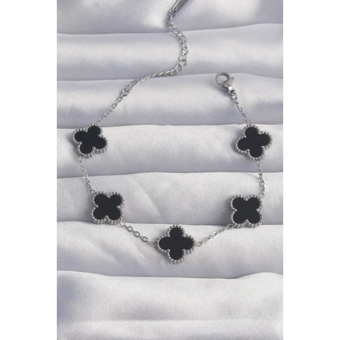 316L Çelik Gümüş Renk Siyah Mineli Yonca Bileklik