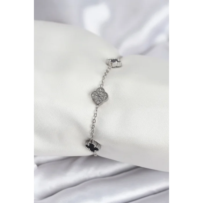316L Çelik Gümüş Renk Siyah ve Zirkon Taşlı Baby Boy Yonca Kadın Bileklik