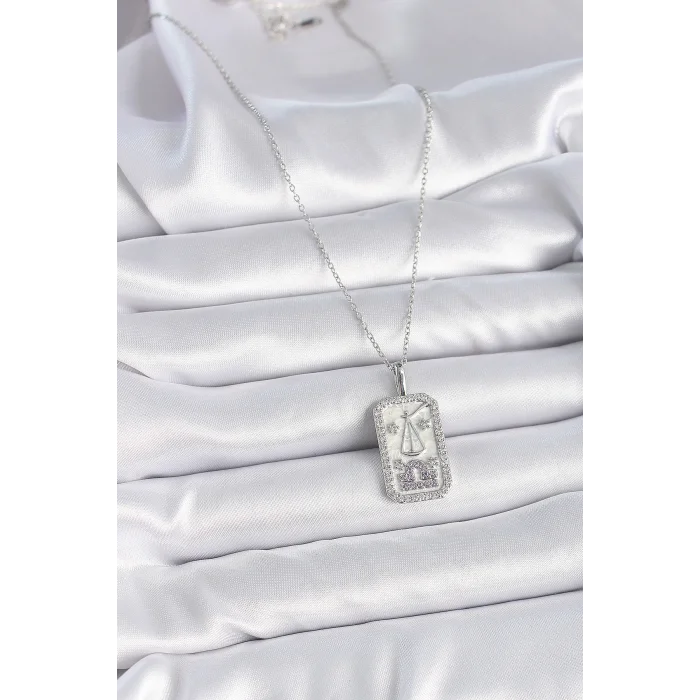 316L Çelik Gümüş Renk Terazi Burcu Zirkon Taşlı Kadın Kolye