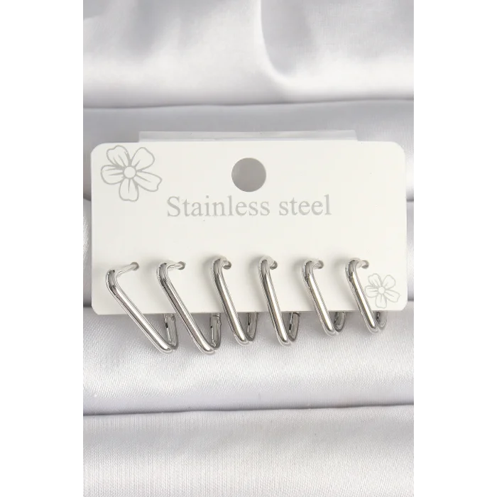 316L Çelik Gümüş Renk Üçgen Model Kadın Küpe Seti