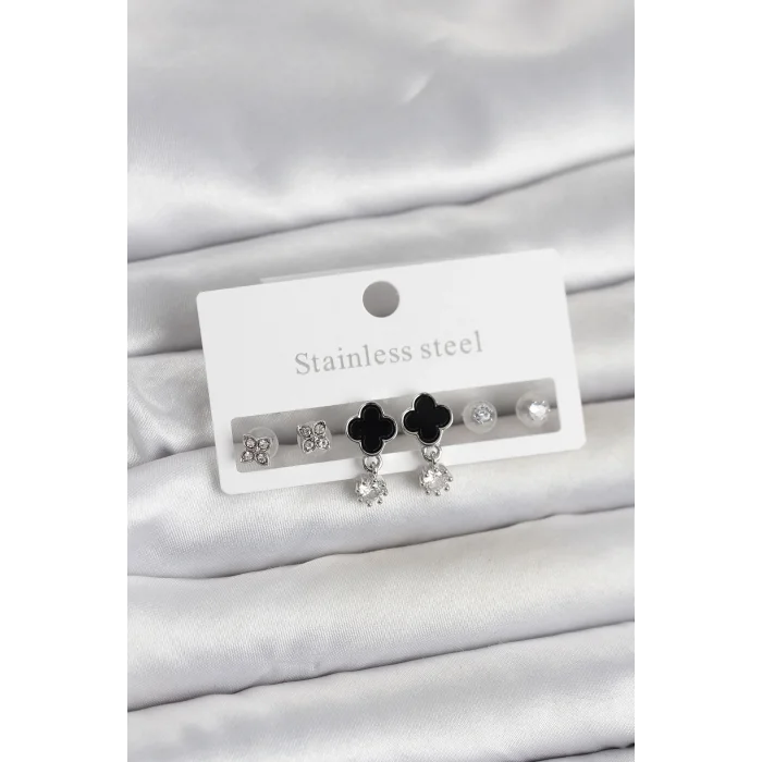 316L Çelik Gümüş Renk Yonca Detaylı Kadın Küpe Seti