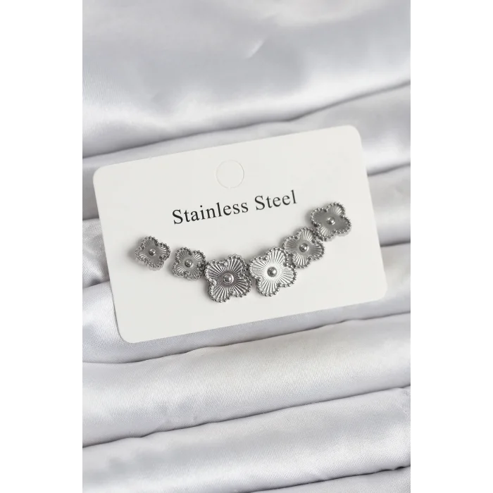 316L Çelik Gümüş Renk Yonca Küpe Seti