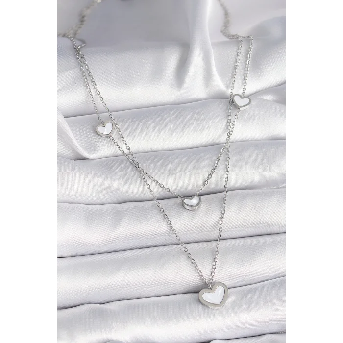 316L Çelik Gümüş Renk Zincir 2Li Zincir Kalp Model Kadın Kolye