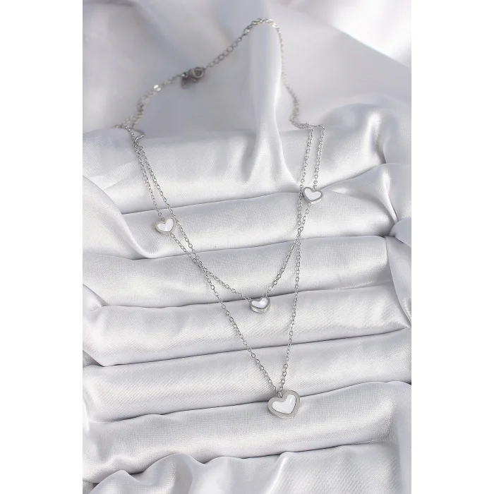 316L Çelik Gümüş Renk Zincir 2Li Zincir Kalp Model Kadın Kolye