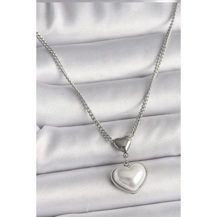 316L Çelik Gümüş Renk Zincir 3D Kalp Model Kadın Kolye