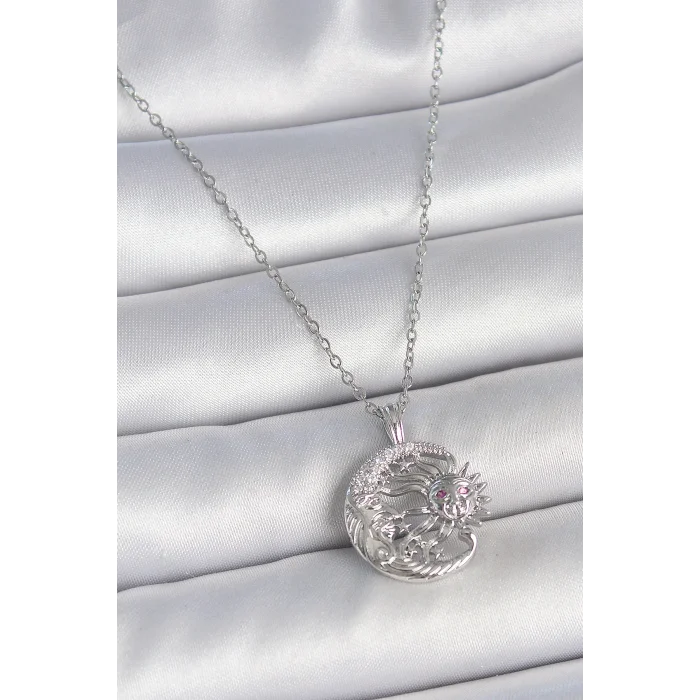 316L Çelik Gümüş Renk Zincir Ay Güneş Model Zirkon Taş Detay Kadın Kolye