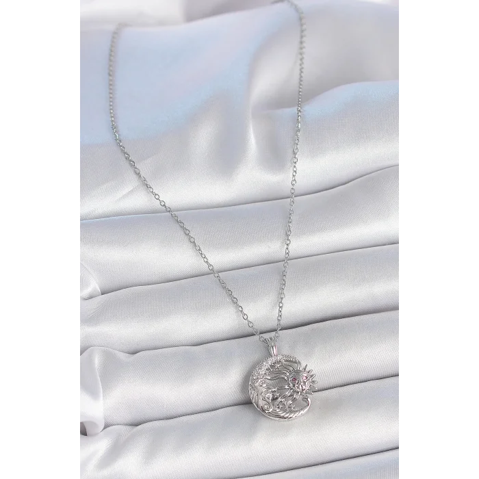 316L Çelik Gümüş Renk Zincir Ay Güneş Model Zirkon Taş Detay Kadın Kolye