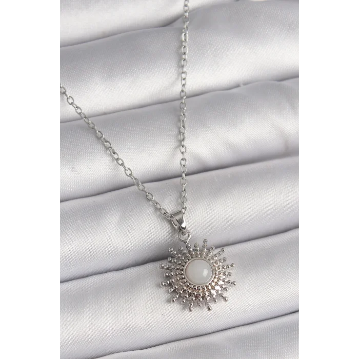 316L Çelik Gümüş Renk Zincir Beyaz Mineli Güneş Model Kadın Kolye