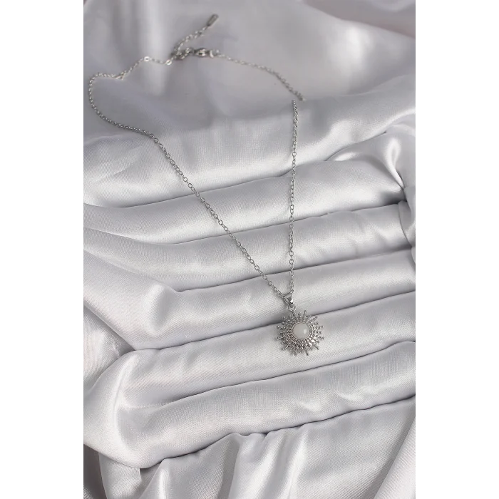 316L Çelik Gümüş Renk Zincir Beyaz Mineli Güneş Model Kadın Kolye