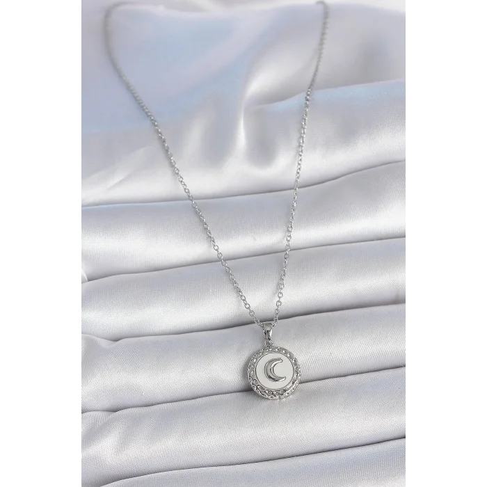 316L Çelik Gümüş Renk Zincir Beyaz Mineli Hilal İşlemeli Madalyon Model Kadın Kolye