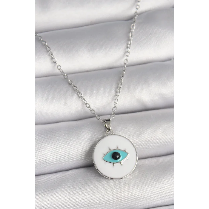 316L Çelik Gümüş Renk Zincir Beyaz Mineli Turkuaz Göz İşleme Model Kadın Kolye