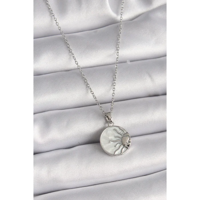 316L Çelik Gümüş Renk Zincir Beyaz Sedefli Gün Batımı Model Kadın Kolye