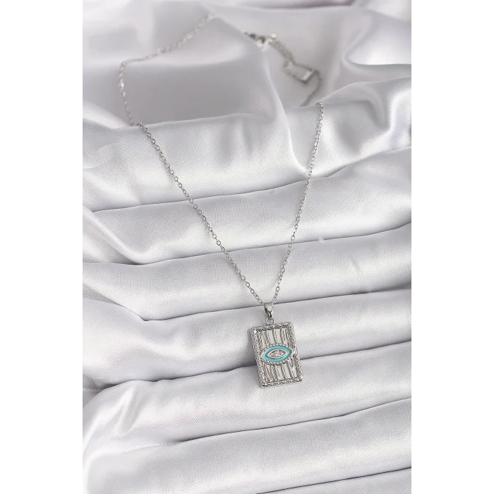 316L Çelik Gümüş Renk Zincir Göz İşlemeli Madalyon Model Kadın Kolye