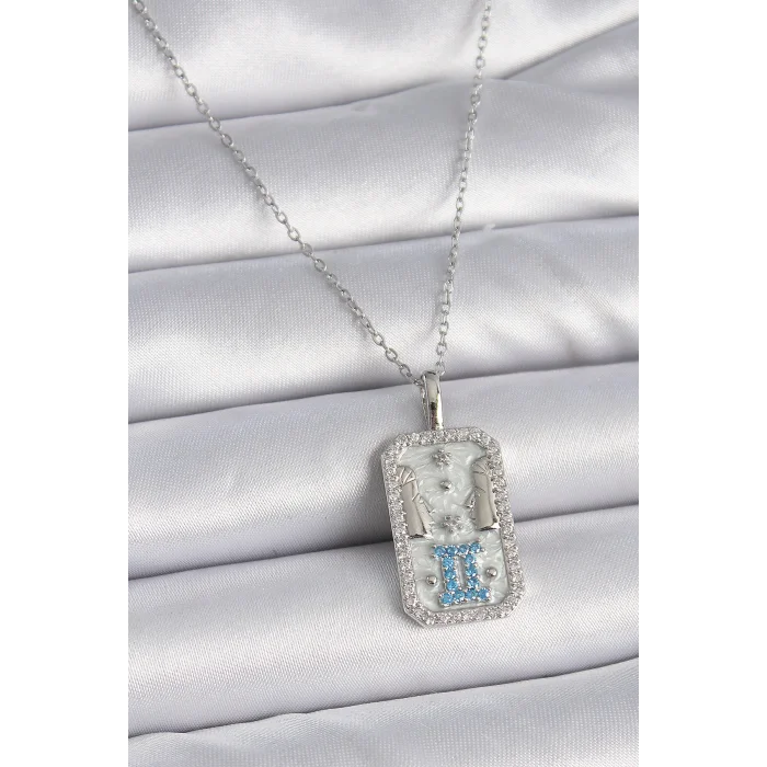 316L Çelik Gümüş Renk Zincir İkizler Burcu Zirkon Taşlı Kadın Kolye