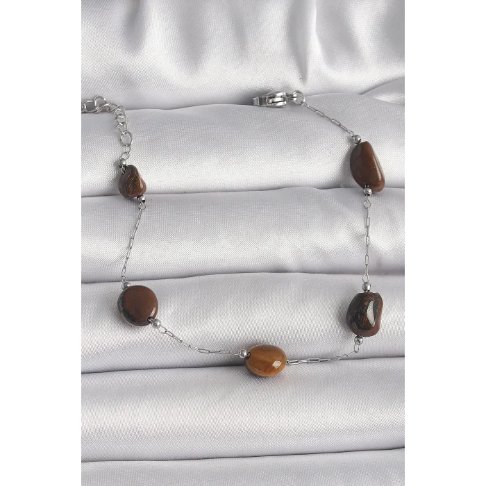 316L Çelik Gümüş Renk Zincir Kahverengi Doğaltaş Model Kadın Bileklik