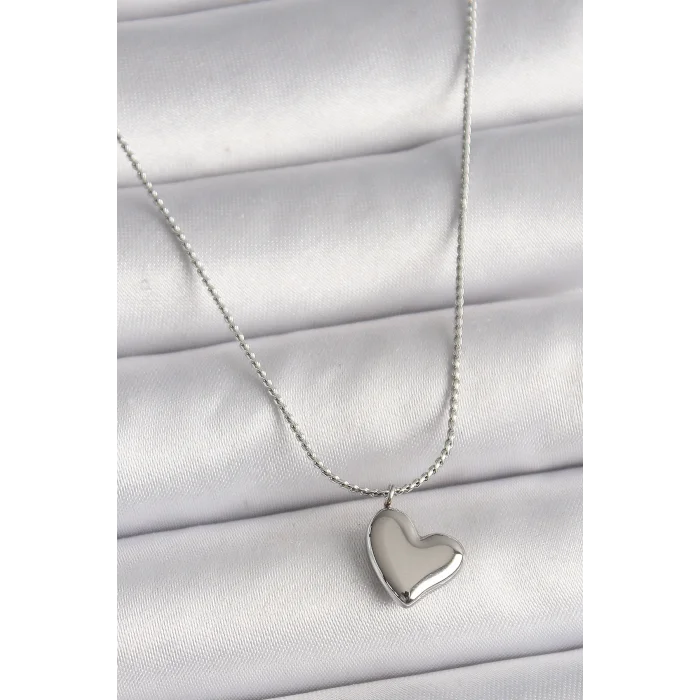 316L Çelik Gümüş Renk Zincir Kalp Figür Kadın Kolye