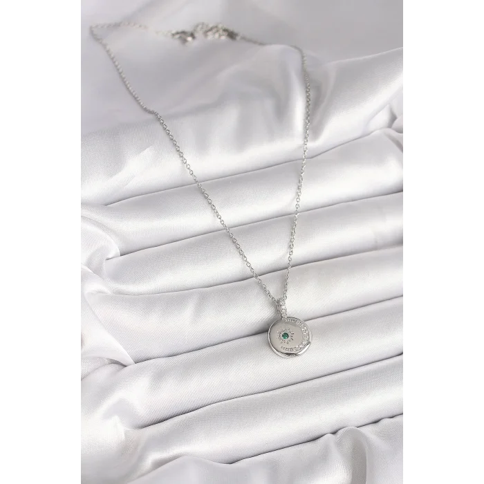 316L Çelik Gümüş Renk Zincir Madalyon Zirkon Taşlı İşlemeli Hilal Yıldız Model Kadın Kolye