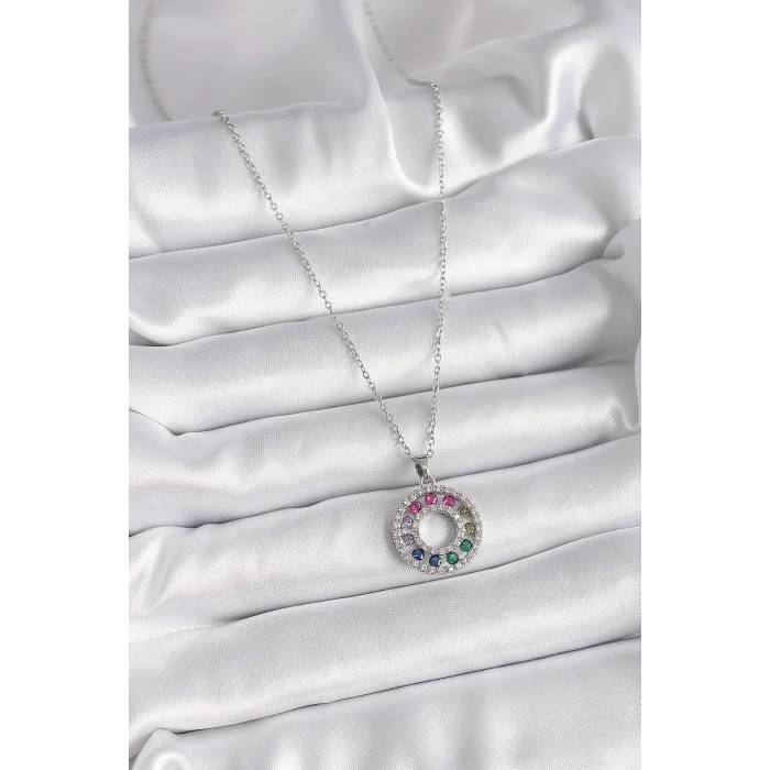 316L Çelik Gümüş Renk Zincir Renkli Zirkon Taşlı Madalyon Model Kadın Kolye