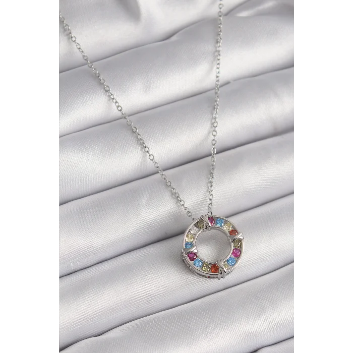 316L Çelik Gümüş Renk Zincir Renkli Zirkon Taşlı Xoxo Model Kadın Kolye