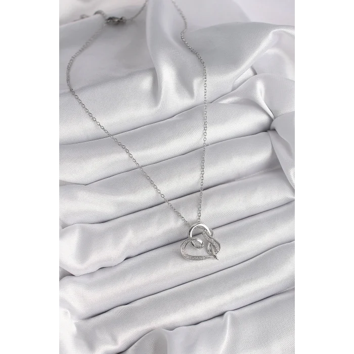 316L Çelik Gümüş Renk Zincir Zirkon Taş Detaylı Kalp Model Sonsuzluk Detay Kadın Kolye