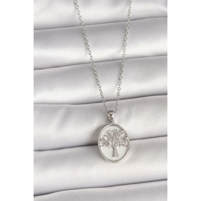 316L Çelik Gümüş Renk Zincir Zirkon Taş İşlemeli Beyaz Mineli Ağaç İşlemeli Portre Model Kadın Kolye