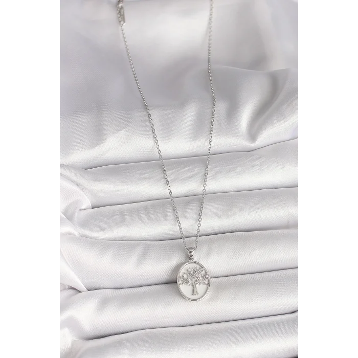 316L Çelik Gümüş Renk Zincir Zirkon Taş İşlemeli Beyaz Mineli Ağaç İşlemeli Portre Model Kadın Kolye