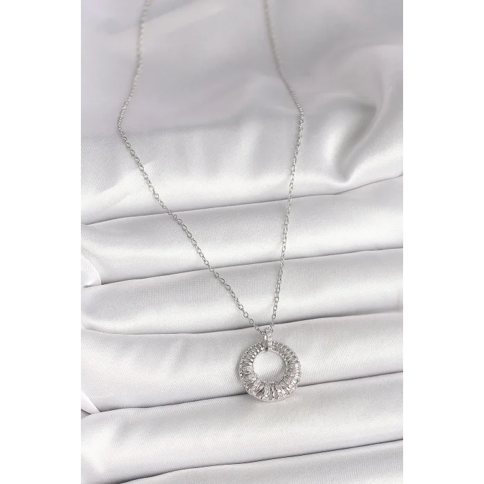 316L Çelik Gümüş Renk Zincir Zirkon Taş İşlemeli Daire Model Kadın Kolye