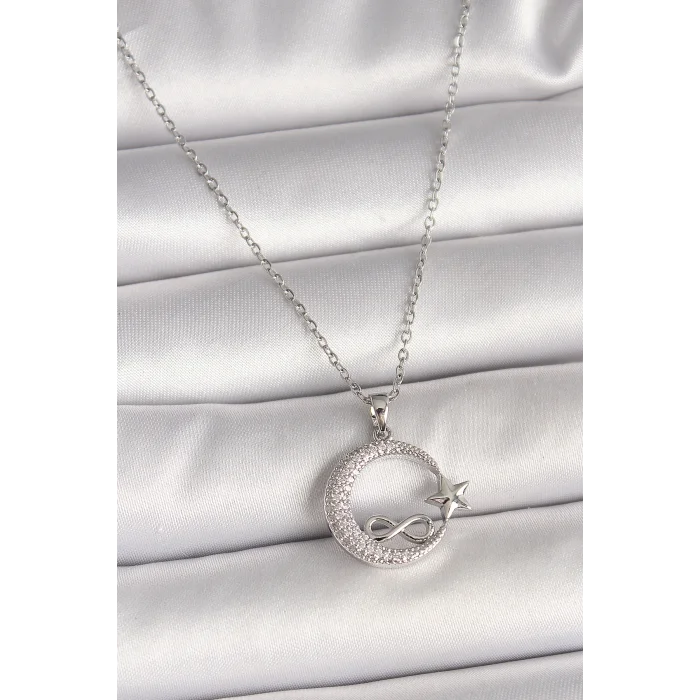 316L Çelik Gümüş Renk Zincir Zirkon Taşlı Ay Yıldız Model Sonsuzluk Detay Kadın Kolye