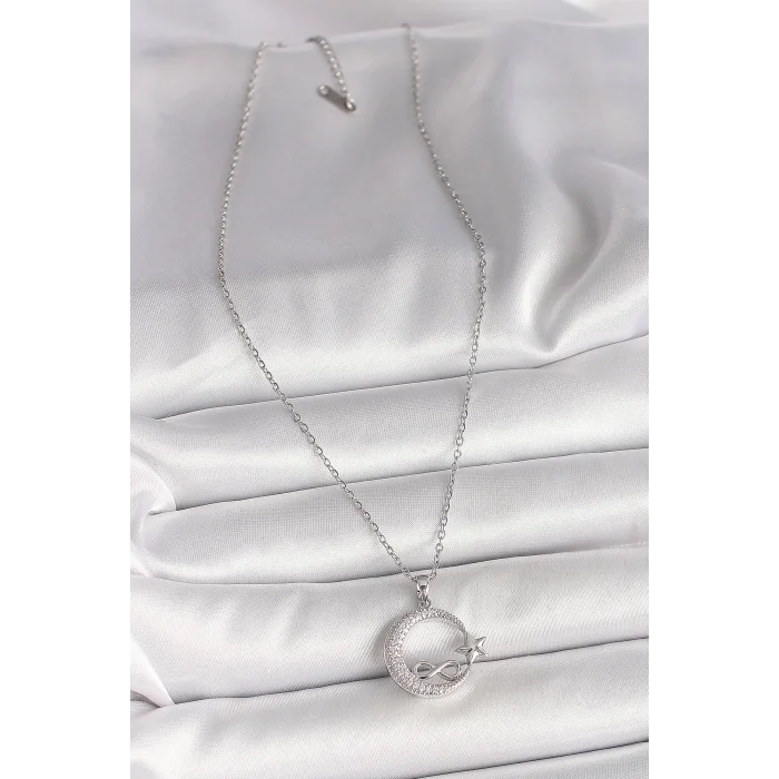 316L Çelik Gümüş Renk Zincir Zirkon Taşlı Ay Yıldız Model Sonsuzluk Detay Kadın Kolye