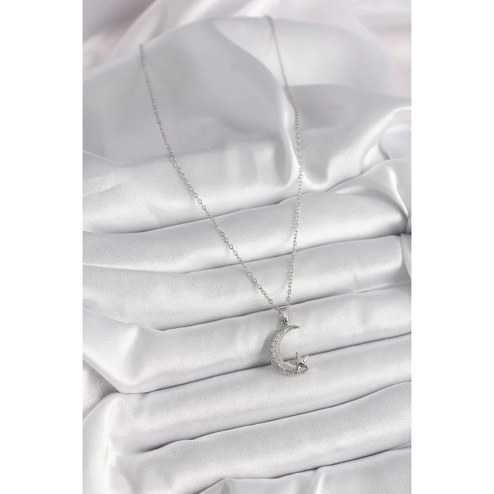 316L Çelik Gümüş Renk Zincir Zirkon Taşlı Hilal Model Yıldız Detay Kadın Kolye
