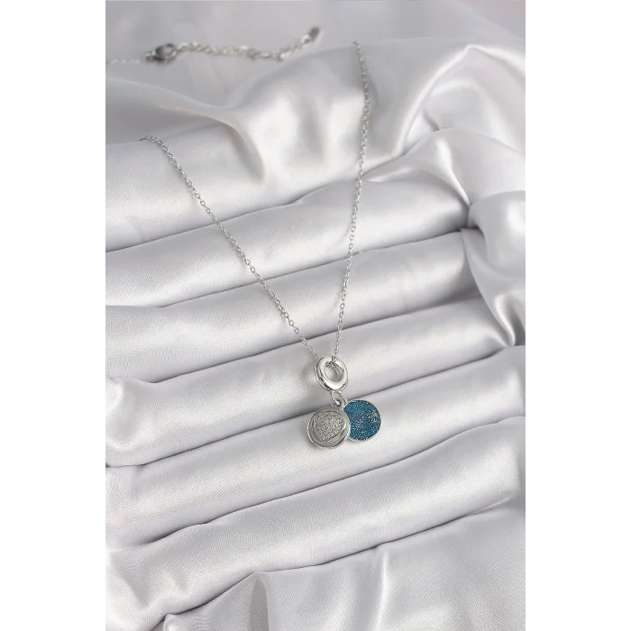 316L Çelik Gümüş Renk Zincir Zirkon Taşlı İşleme Mavi Simli Kadın Kolye