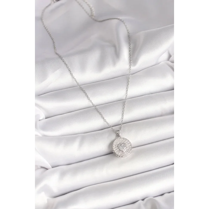 316L Çelik Gümüş Renk Zincir Zirkon Taşlı Kalp İşlemeli Madalyon Model Kadın Kolye