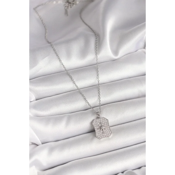 316L Çelik Gümüş Renk Zincir Zirkon Taşlı Kutup Yıldız İşlemeli Madalyon Model Kadın Kolye