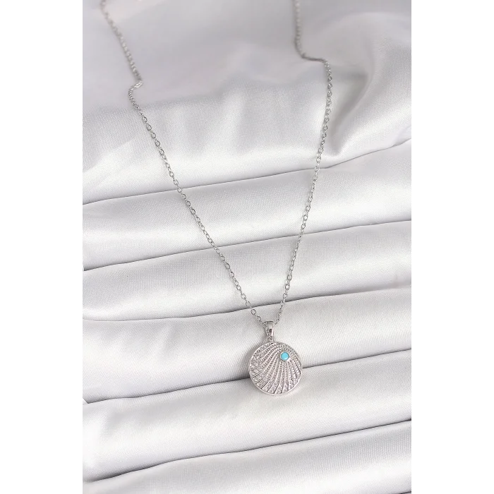 316L Çelik Gümüş Renk Zincir Zirkon Taşlı Mavi Taş Detaylı Madalyon Model Kadın Kolye