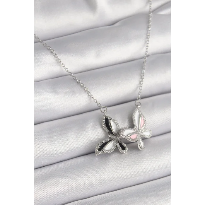 316L Çelik Gümüş Renk Zincir Zirkon Taşlı Renkli Kelebek Model Kadın Kolye