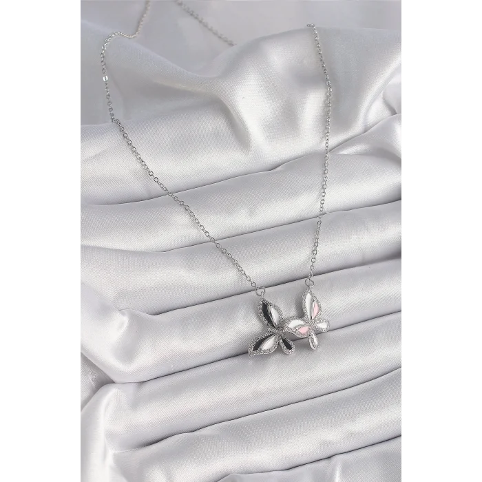 316L Çelik Gümüş Renk Zincir Zirkon Taşlı Renkli Kelebek Model Kadın Kolye