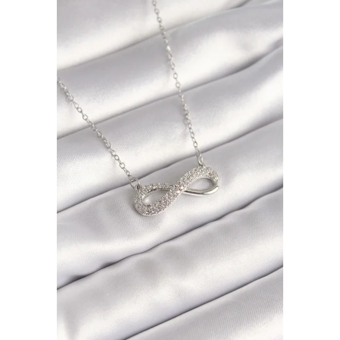 316L Çelik Gümüş Renk Zincir Zirkon Taşlı Sonsuzluk Model Kadın Kolye