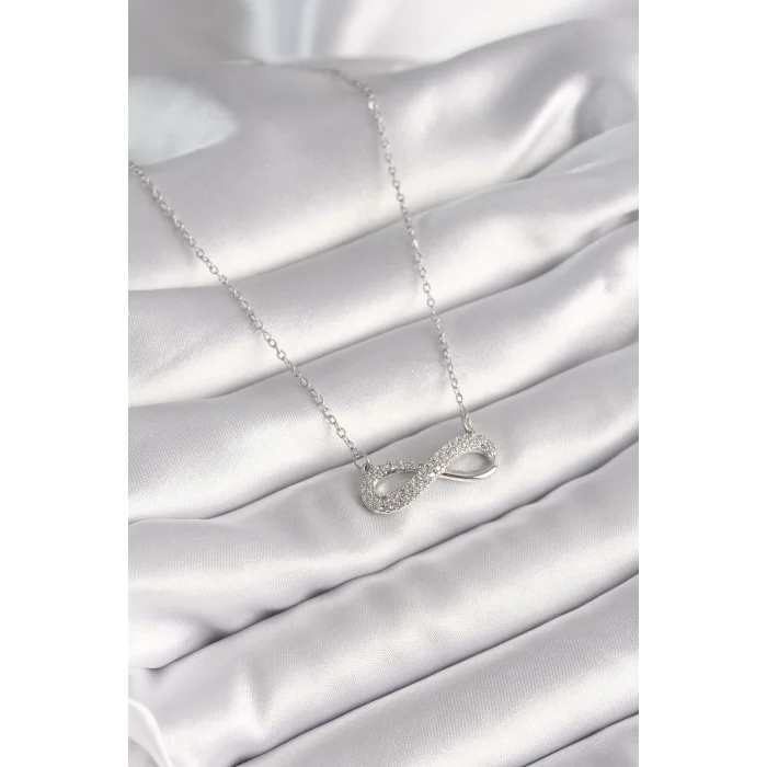 316L Çelik Gümüş Renk Zincir Zirkon Taşlı Sonsuzluk Model Kadın Kolye