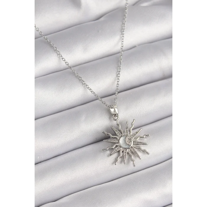 316L Çelik Gümüş Renk Zincir Zirkon Taşlı Güneş Model Sedefli Ay İşleme Detay Kadın Kolye
