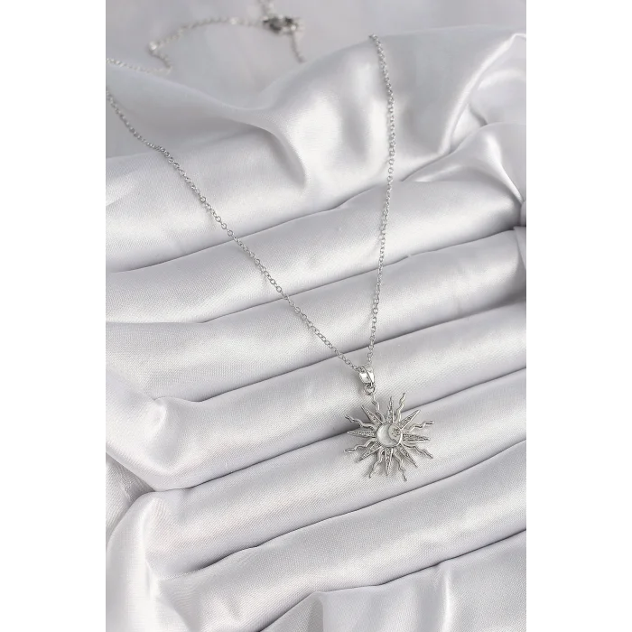 316L Çelik Gümüş Renk Zincir Zirkon Taşlı Güneş Model Sedefli Ay İşleme Detay Kadın Kolye