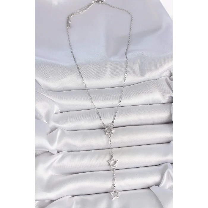 316L Çelik Gümüş Renk Zincir Zirkon Taşlı Yıldız Y Model Kadın Kolye