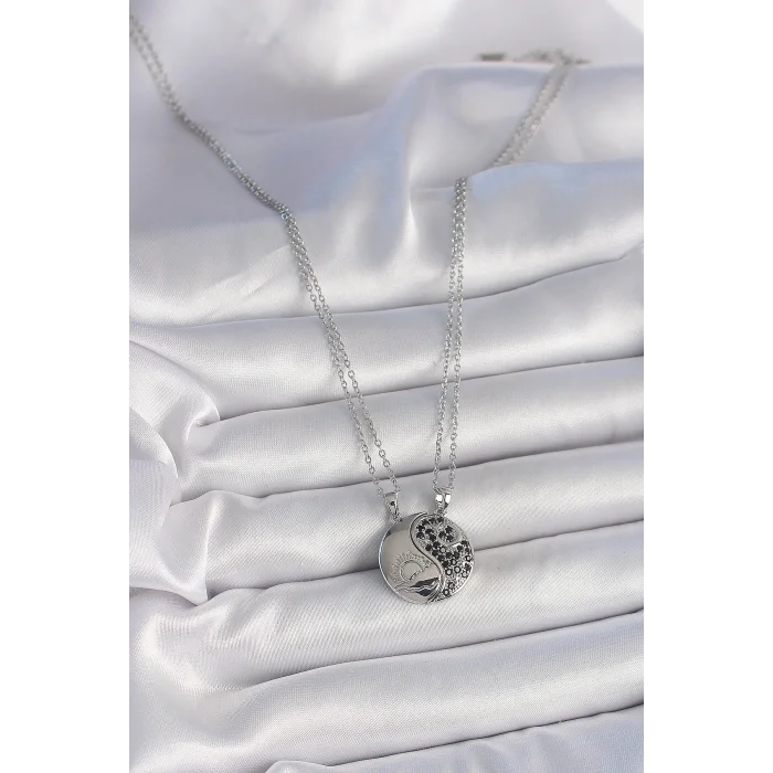 316L Çelik Gümüş Renk Zincir Zirkon Taşlı Ying Yang Model Gün Batımı İşlemeli Arakdaşlık Kadın Kolye