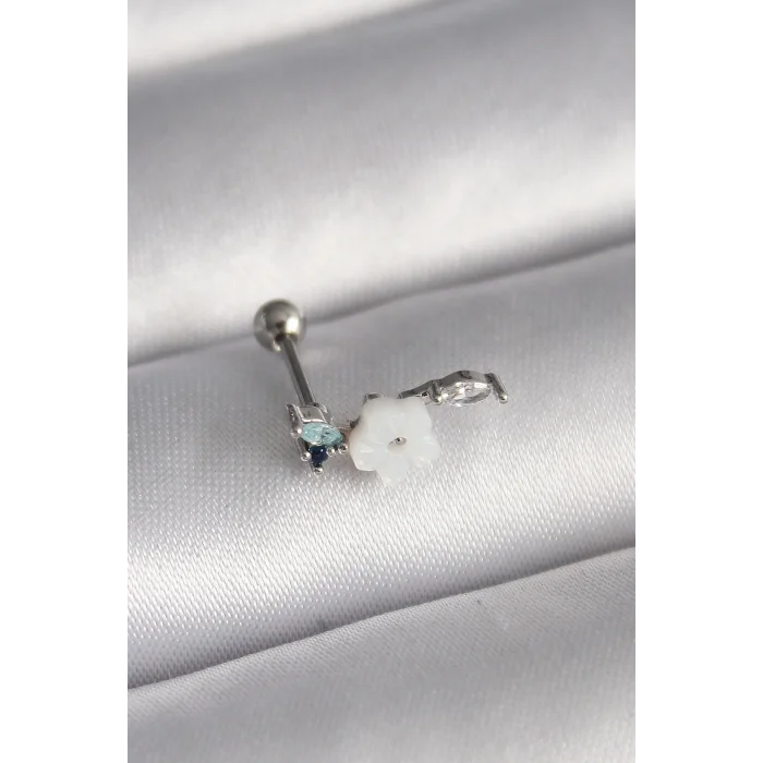 316L Çelik Gümüş Renk Zirkon Taş Detay Beyaz Çiçek Model Tragus Piercing