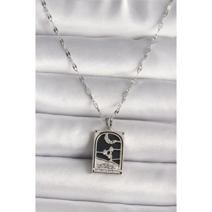 316L Çelik Gümüş Renk Zirkon Taşlı  Ay Figürlü Taror Model Kadın Kolye